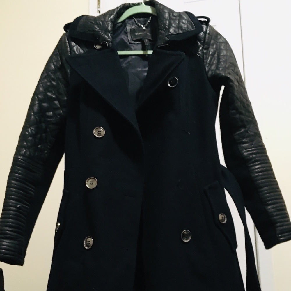 Real BCBG Leather Peacoat Jacket Winter XS Black